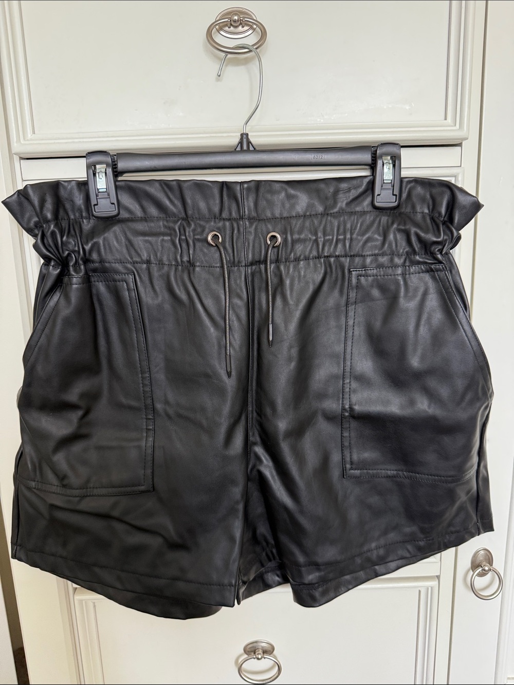 Black Faux Leather Paperbag Waist Women's Shorts